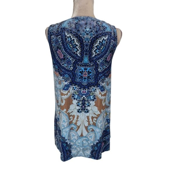 unity world mean Womens Asymmetric Hem Tank Top Flowy Size L Blue Floral  B6P - Picture 4 of 7